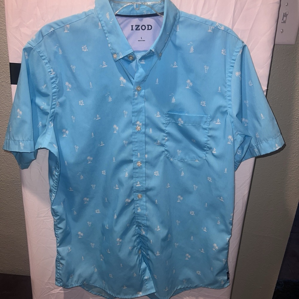 Izod Cool FX Men's Aqua Hawaii Print Button Down Stretch S/S Shirt Size L EUC